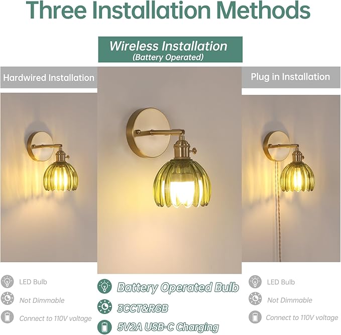 Vintage Battery Operated Wall Sconce with Cute Green Tulip Glass Lampshade Wireless Rechargeable Battery Powered Wall Light with Remote Control for Bedside Bedroom Doorway, Set of 2