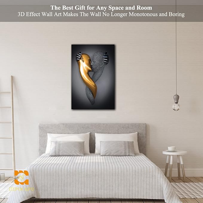 3D Metal Effect Wall Art - 3D Metal Art Wall, Modern Abstract Hug Lovers Painting Picture Poster Prints for Bathroom, Romantic Couple Living Room Canvas Wall Art Framed 18”x24”x1Pcs