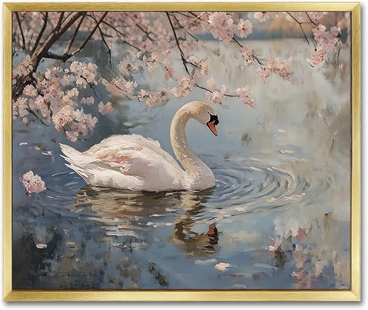 AIMAILON Vintage Gold Canvas Wall Art Framed Decor for Living Room Gallery White Swan Animal Print Pictures Classical Pink Flower Lake Background Aesthetic Artwork Home Decoration 10x12