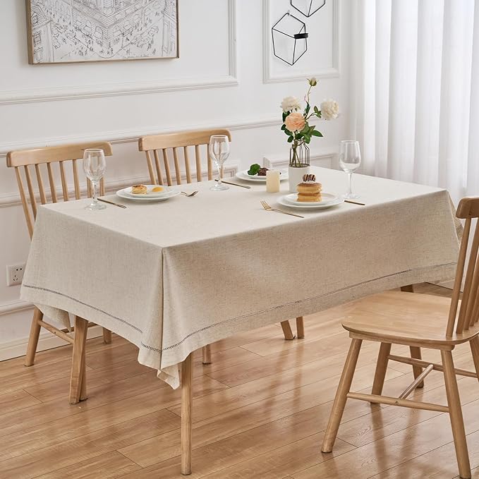 Zdolmy Natural Flax Linen Tablecloth – Undyed Rectangle Hemstitch Table Cover for Kitchen, Dining & Decoration (Elegant Style, 55" x 120")