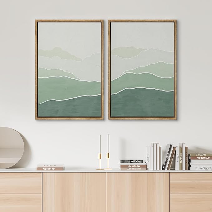 SIGNWIN Framed Wall Art Print Set Green Gradient Wave Landscapes Abstract Shapes Illustrations Modern Art Bohemian Relax/Calm Multicolor for Living Room, Bedroom, Office - 24"x36"x2 Natural