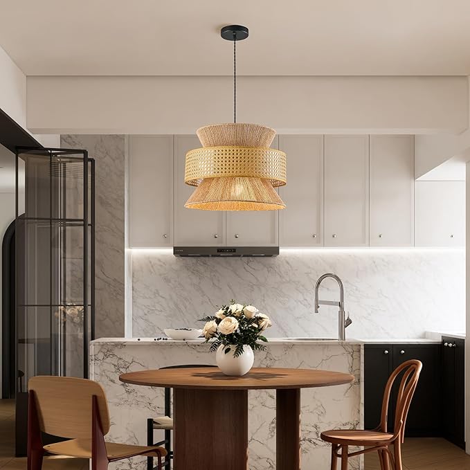 Rattan Pendant Light Fixture,Ceiling Bohemian Chandelier Rattan Flush Mount Hanging Light Fixture Woven Lamp Basket Chandelier for Kitchen Island Hallway Bedroom Dinning