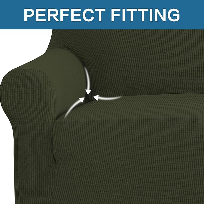 H.VERSAILTEX Stretch Couch Covers for Sofa 1 Piece Slipcovers for Couches and Sofas 3 Seater Couch Cover Feature Thick Checked Jacquard Fabric with Elastic Bottom(Sofa 72"-88" Wide, Olive)
