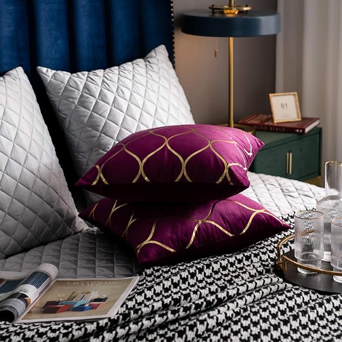 Gold Velvet Throw Pillow Covers Purple: 2 Pack 16x16 Inch Square Decorative Pillow Cases for Bedroom Sofa Couch Living Room