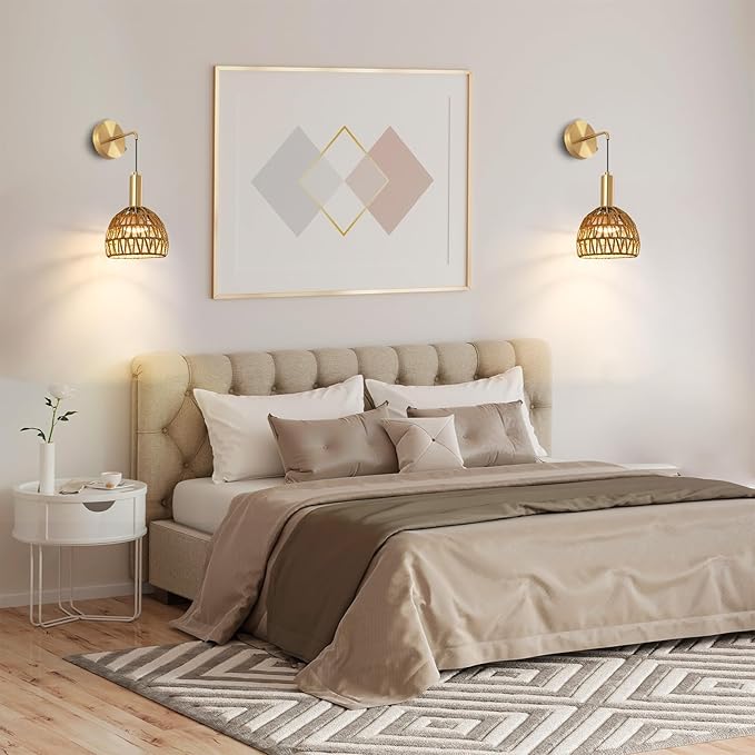 Boho Battery Operated Wall Sconce, Wireless Sconces Set of 2 with Remote, Rattan Upgrade Rechargeable Wall Sconces Set of Two for Bedroom, Living Room, Entryway, 3 Colors Dimmable (Gold)