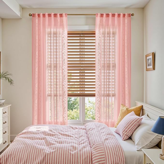 jinchan Winslow Pink Sheer Curtains 84 Inch for Bedroom Living Room Embroidered Bordered Floral Nursery Curtains for Girls Room Dorm Light Filtering, Beige on Pink, 2 Panels, 50W x 84L