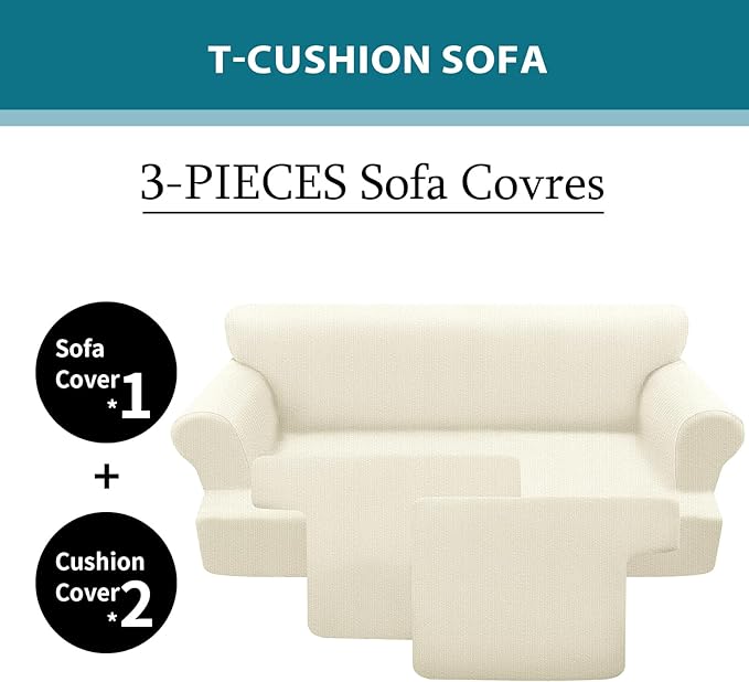 JconesT Cushion Sofa Slipcover 3 Pieces Sofa Covers for T Cushion Couch Soft Couch Covers Sofa Slip Cover Furniture Covers with 2 Individual T Shape Seat Covers (Light Yellow, 2 Cushions)