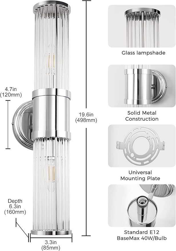 DORESshop Silver Wall Sconce, 19.6” Sconces Lighting, 2-Light Modern Light Fixtures, Bathroom Vanity Light for Living Room, Bedroom, Sconces Wall Decor, 1pack