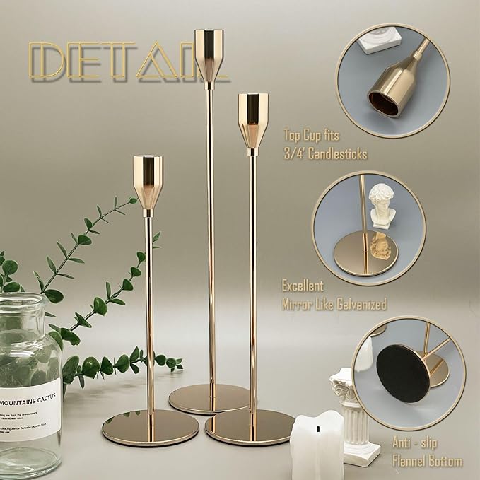 3Pcs French Gold Candlestick Holders Set Fit 3/4" Tall Taper Candle Home Decorative Table Centerpieces for Family Dinning, Party Decoration