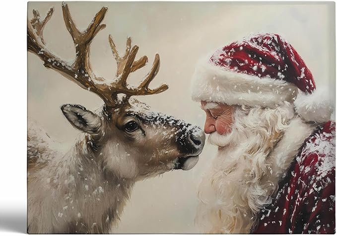 Vintage Santa and Reindeer Portrait Wall Art Print,Rustic Christmas Holiday Decor,Vintage Santa Claus Painting,Festive Winter Wall Print