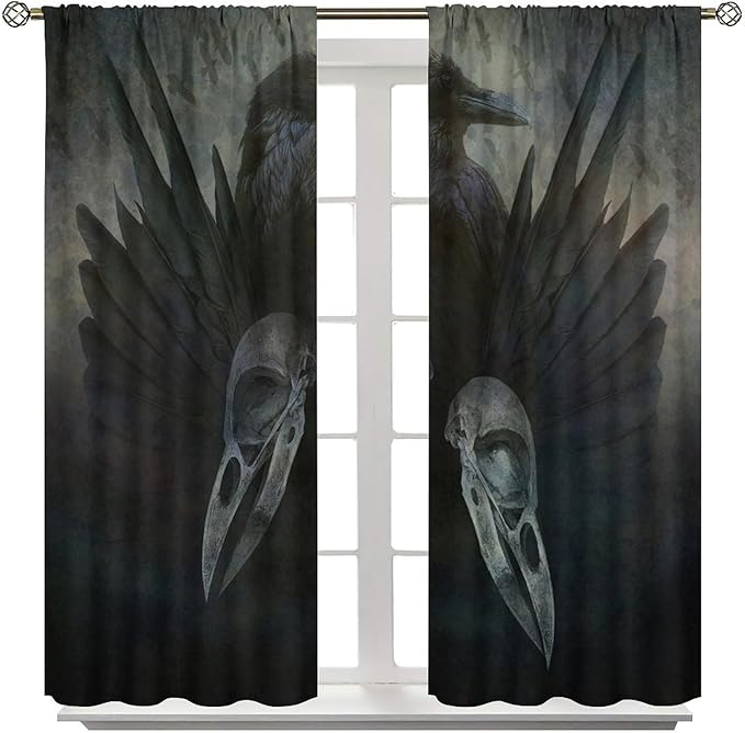 Gothic Blackout Window Curtains, Halloween Black Raven Crow Black Dark Wings Rod Pocket Window Treatments Drapes, for Living Room Bedroom 31.5(W)*72(L) 2 Panels