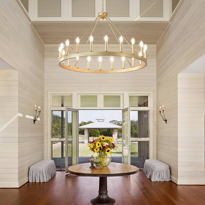 Gold Wagon Wheel Chandelier 40”, 20-Light Farmhouse Wagon Wheel Chandelier for Dining Room, Modern Round Iron Candle Chandeliers Light Fixture for Living Room, Foyer, Entryway, E12