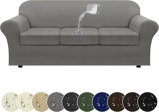 100% WaterproofCouch Cover 4-Piece Set Striped Sofa Slipcovers for 3 Cushion Couch Sofa Covers with TPU Leakproof Bottom Stretch Couch Protector Pet Proof - Sofa(3-Cushion), Gray