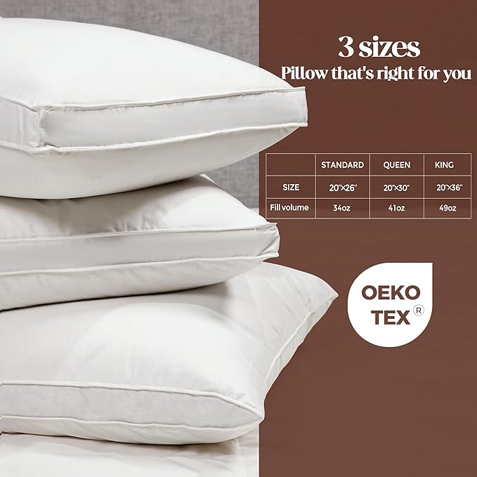 Bafode Goose Feathers and Down Pillows, Pillows Queen Size Set of 2, Cotton Cover,Gusseted Hotel Collection Bed Pillow for Back, Stomach or Side Sleepers