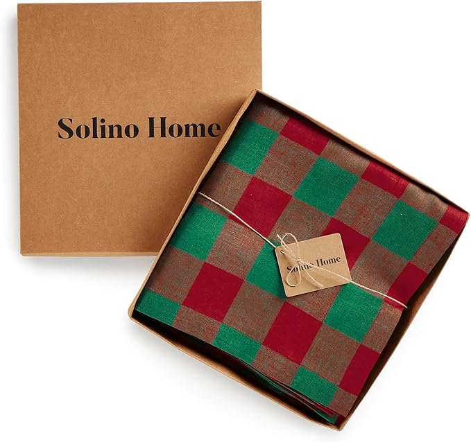 Solino Home Linen Checkered Tablecloth 60 x 108 Inch - 100% Pure Linen Red and Green Buffalo Plaid Table Cloth for Rectangle Tables - Machine Washable Tablecloth for Christmas, Holiday, Winter