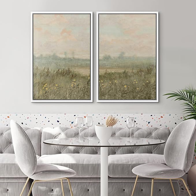 SIGNWIN Framed Wall Art Print Set Serene Meadow at Dawn Soft Impressionist Landscape Illustrations Minimal Decorative Nordic Zen Bohemian for Living Room, Bedroom, Office - 16"x24"x2 White