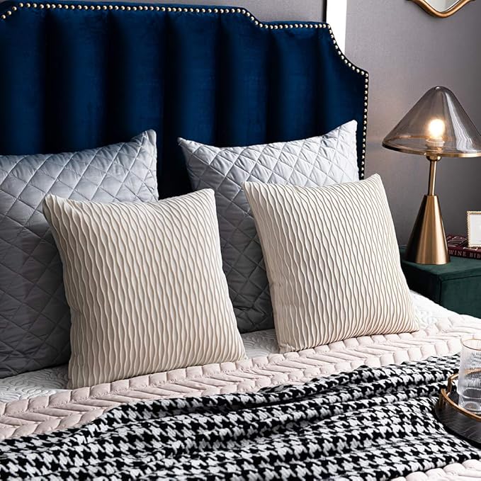 Ivory White Couch Pillow Covers: 2 Pack 18x18 Inch Original Striped Velvet Square Throw Pillow Cases for Farmhouse Home Decor