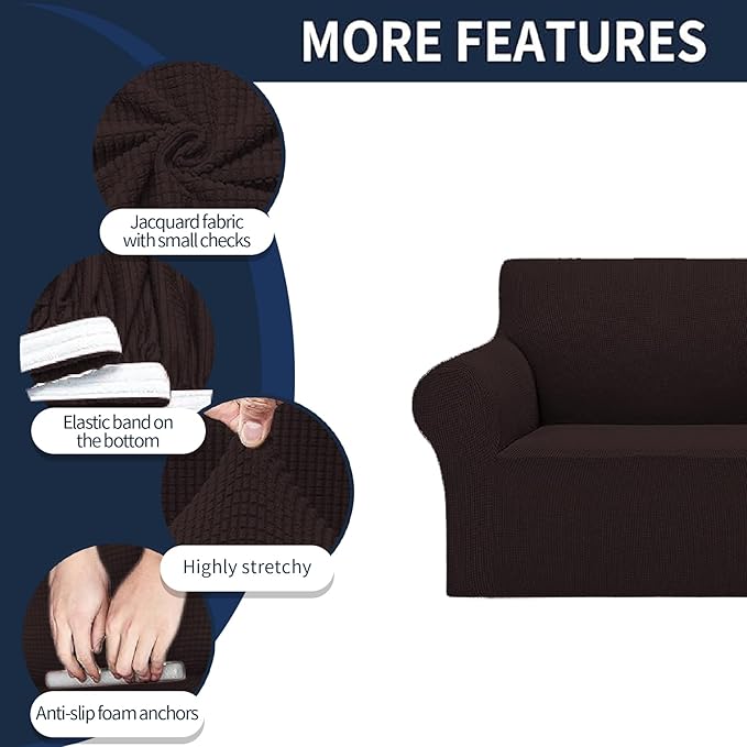 Cupuamon 2025 New Stretch Sofa Slipcovers Couch Cover for 3 Cushion Furniture Protector Sofa Covers with Elastic Bottom Jacquard Fabric Small Checks for Pets, Kids -Sofa, Chocolate