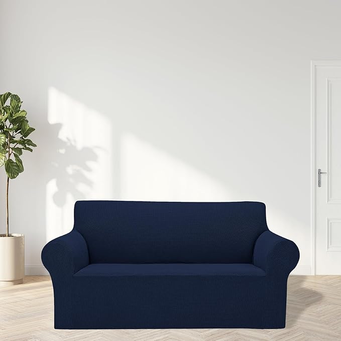Cupuamon 2025 New Stretch Loveseat Sofa Slipcovers Couch Cover for 2 Cushion Furniture Protector Sofa Covers with Elastic Bottom Jacquard Fabric Small Checks for Pets, Kids - Navy