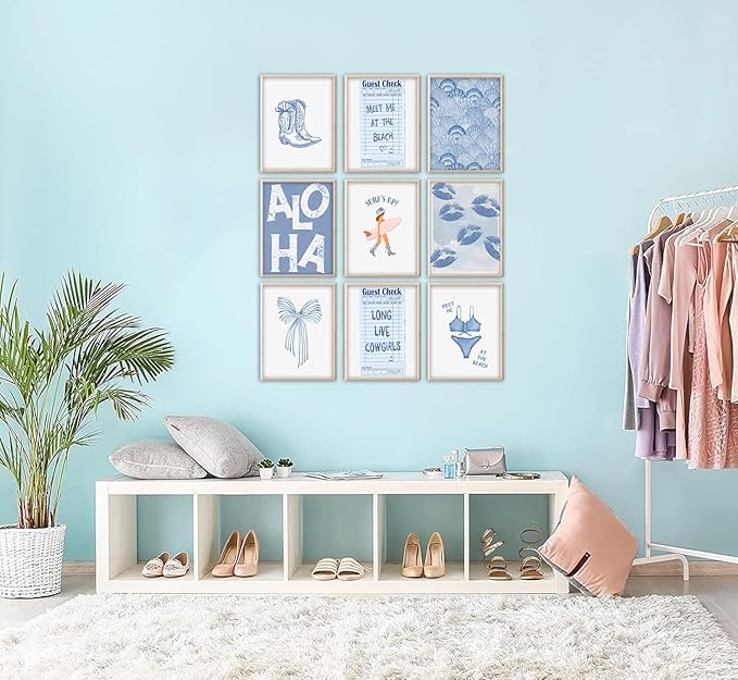 Kizbok Coastal Cowgirl Room Decor, Coastal Granddaughter Room Decor, Blue Surf Up Beachy Wall Decor Preppy Aesthetic Pictures, Trendy Beach Wall Art Boho Cowgirl Posters for Teen Girl Dorm Apartment Decor (Set of 9, Unframed)