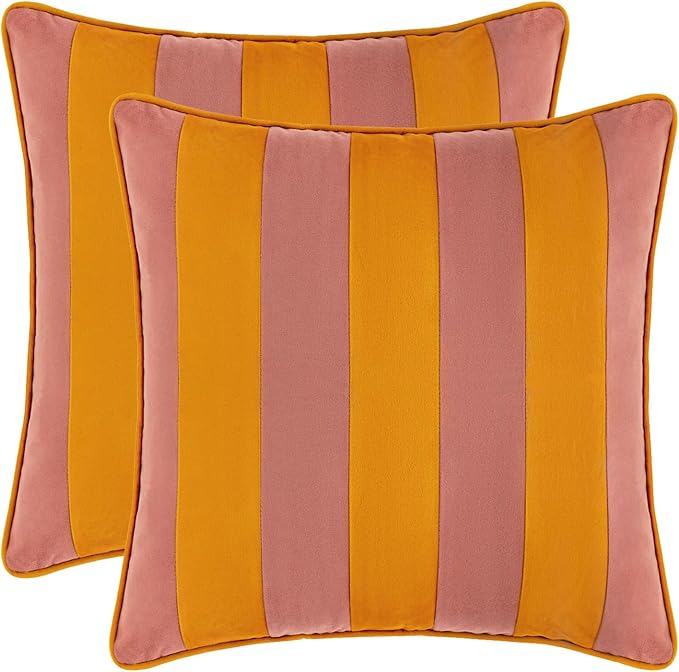 MONDAY MOOSE Decorative Throw Pillow Covers Cushion Cases, Set of 2 Soft Velvet Striped Piping Edge Designs, Pillow Inserts Not Included (Pink/Honey, 20x20 inch)