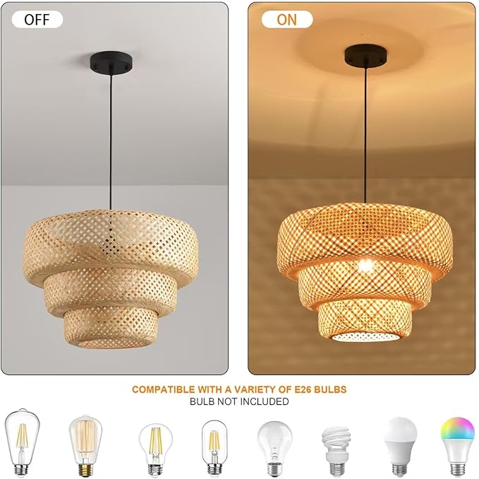 18.12 Inch Bamboo Pendant Light 3-Tier Hand Woven Rattan Pedant Light for Kitchen Dining Room Bedroom Living Room Kitchen Island Coastal Pendant Light