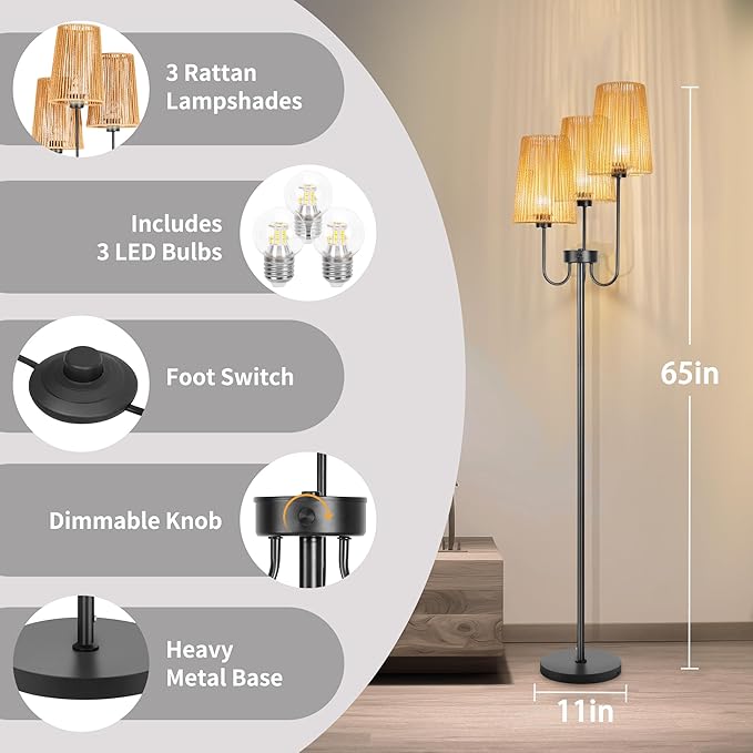 Rattan Floor Lamp for Living Room,3-Light Farmhouse Standing Lamp with Rattan Shades, 65" Tall Rustic Tall Lamps for Bedroom,Office,3 x E26 LED Bulb Included