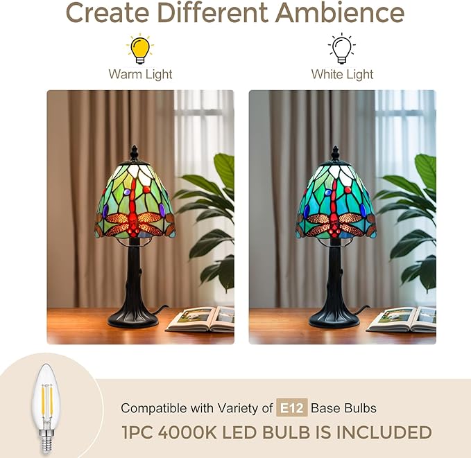Tiffany Style Table Lamp - Dragonfly Stained Glass Lamps 6 Inch Small Tiffany Lamp Bedside Desk Lamps for Bedroom Living Room Home Office, Desk Reading Light Includes LED Bulb