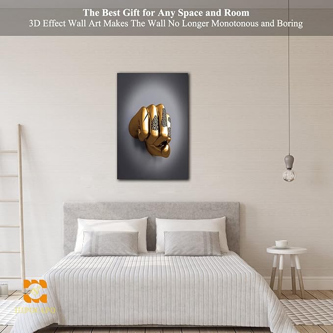 3D Wall Art - Abstract 3D Metal Effect Canvas Wall Art, 3D Modern Wall Art for Office, Golden Boxer Gesture 3D Art Wall Decor for Modern Bedroom Decor Framed 18”x24”x1Pcs
