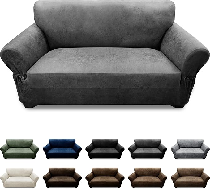 Loveseat Sofa Slipcover Leather Look Couch Covers for 2 Seater Couch Sofa 1-Piece Sofa Cover Stretch Furniture Protector with Elastic Bottom & Pockets(Loveseat, Grey)