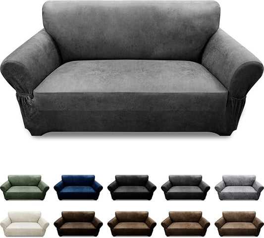 Loveseat Sofa Slipcover Leather Look Couch Covers for 2 Seater Couch Sofa 1-Piece Sofa Cover Stretch Furniture Protector with Elastic Bottom & Pockets(Loveseat, Grey)