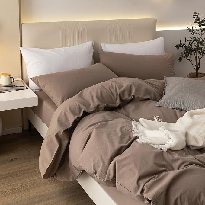 JIYUAN 100% Washed Cotton Duvet Cover Set 2 Pieces Twin, 1 Duvet Cover 68x90 Inches(Comforter Not Included) and 1 Pillowcases,Linen Feel Bedding Set Comfy and Breathable,Light Brown