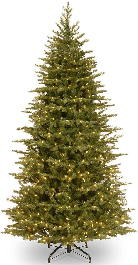 National Tree Company 7.5 ft Pre-Lit Nordic Spruce Slim Artificial Christmas Tree, 600 LED Lights, 3,268 Tips, Foot Pedal, 10 Light Functions, Includes Stand, Green