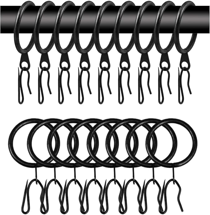 60 Pcs Metal Curtain Rings with Eyelet & Drapery Hooks, 30 mm Internal Diameter, Black