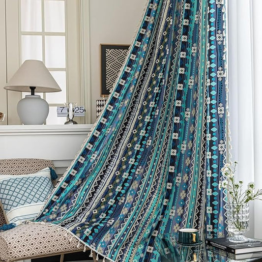 Boho Curtains Geometric Light Filtering Semi-Blackout Window Curtains 63 Inches Long Rod Pocket Drapes for Living Room 2 Panels-Vintage Blue