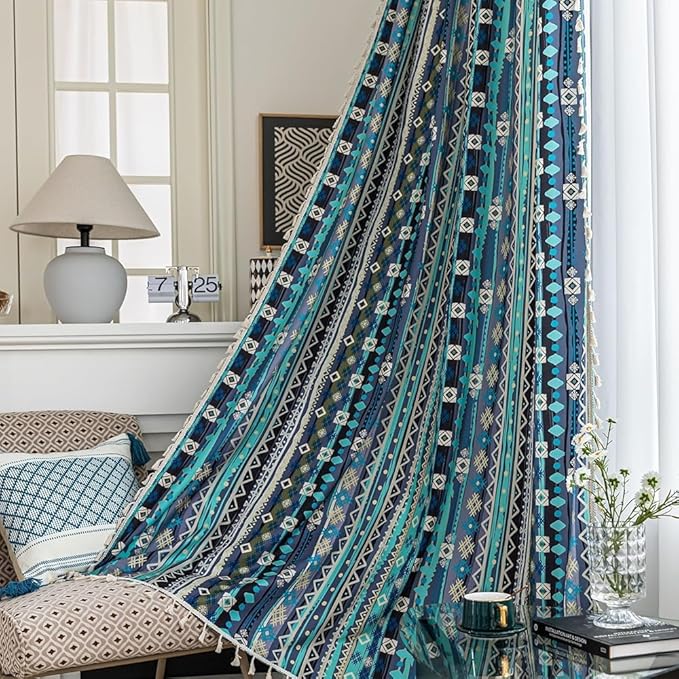 Boho Curtains Geometric Light Filtering Semi-Blackout Window Curtains 72 Inches Long Rod Pocket Drapes for Living Room 2 Panels-Vintage Blue