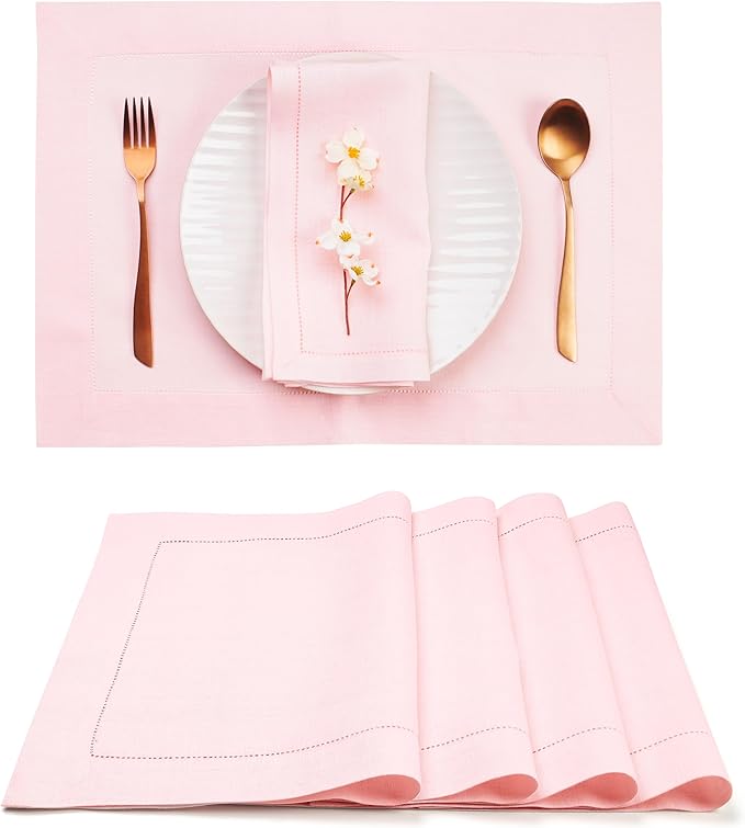 D'Moksha Homes Linen Placemats Set of 4 - Classic Hemstitch Pastel Pink Placemats 14 x 19 Inch - 100% Pure Linen Table Mats for Christmas, Holiday - Handcrafted and Machine Washable