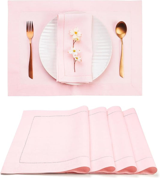 D'Moksha Homes Linen Placemats Set of 4 - Classic Hemstitch Pastel Pink Placemats 14 x 19 Inch - 100% Pure Linen Table Mats for Christmas, Holiday - Handcrafted and Machine Washable