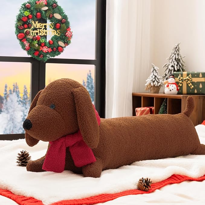 Phantoscope Christmas Animal Series, Dachshund Shaped Throw Pillow with Scarf, Sherpa Large Long Body Pillow Christmas Decorative Pillows for Couch, Sofa, Bed, Coffee Dachshund 14 x 40 inches