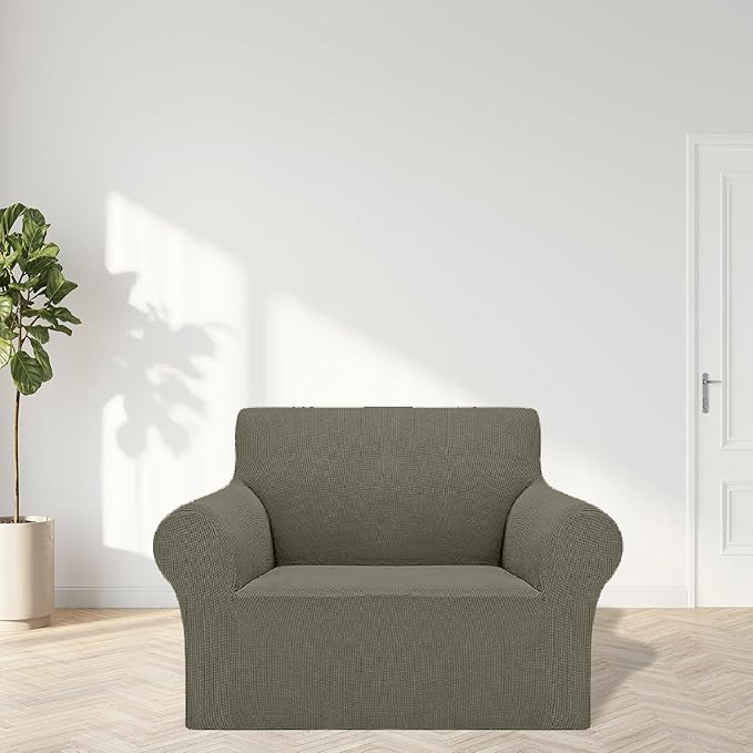 Cupuamon 2025 New Stretch Chair Sofa Slipcovers Couch Cover for 1 Seater Furniture Protector Sofa Covers with Elastic Bottom Jacquard Fabric Small Checks for Pets, Kids - Khaki