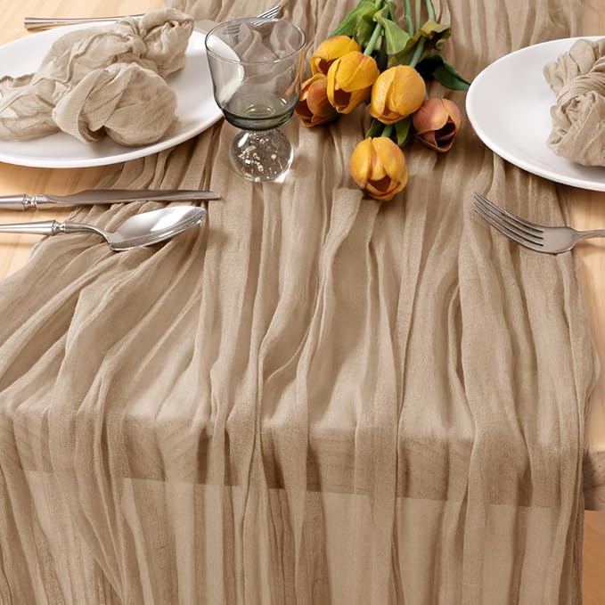 MLMC 8 Pack Nude Cheesecloth Table Runner Boho Rustic Gauze Taupe Cheese Cloth Table Runner 10ft Neutral Home Winter Decor 35x120 Inches for Reception Wedding Bridal Shower Picnic Decor