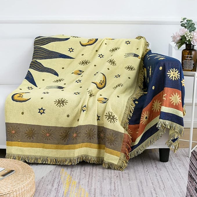 Hippie Throw Blanket Sun Moon Stars Boho Throw Blankets Celestial Tapestry Double-Sided Reversible Woven Cotton Home Decor Bedding Chair Couch Recliner Cover Oversized Tassels Astrology 70"x90"