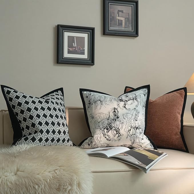 New 22x22'' inches Throw Pillow Cushion Covers - Black Horse Chenille Jacquard Embroidery with Edge Strip Luxury Modern Style Couch Sofa Bed Pillow Cover for Living Room Bedroom