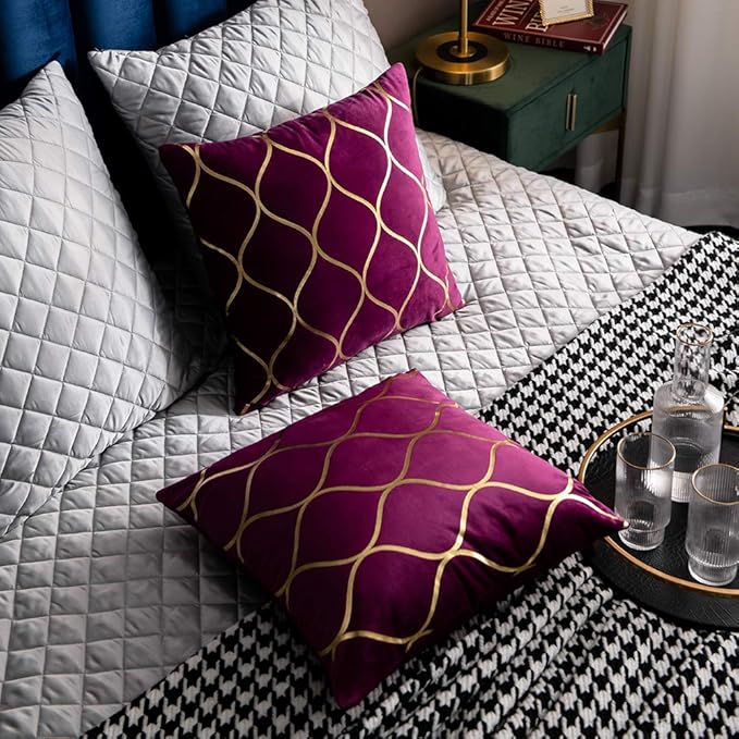 Gold Velvet Throw Pillow Covers Purple: 2 Pack 16x16 Inch Square Decorative Pillow Cases for Bedroom Sofa Couch Living Room