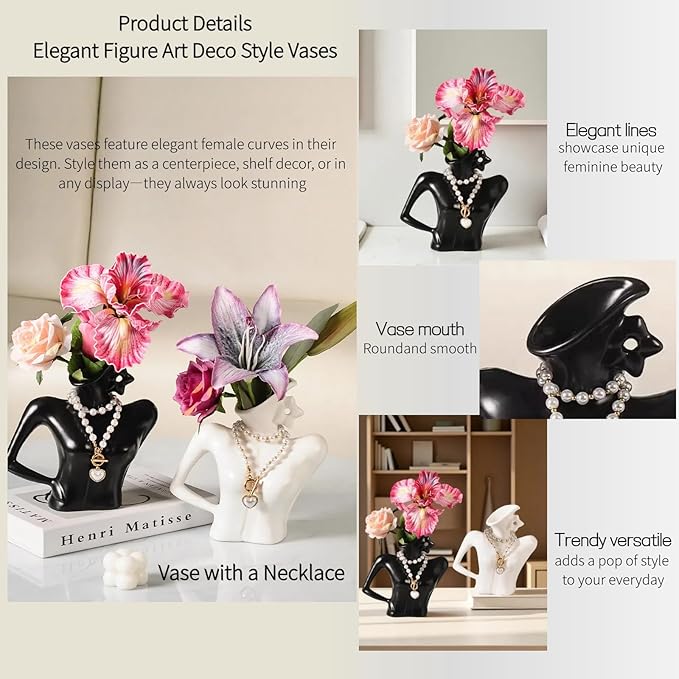 Ceramic Vase with Detachable Necklace — Elegant Female Curves Home Decor, Artistic Tabletop Vase for Bookshelf, Dining Table, Living Room, Kitchen, or Office, Perfect with Artificial or Dried Flowers