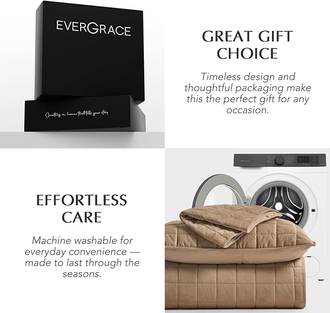 EVERGRACE Pearl Velvet Quilt Full Queen Size Bedding Sets, Luxurious Soft Velvet Comforter Set, Lightweight Box Stitching Oversized Bedspread Coverlet for All Season, with 2 Shams, Camel