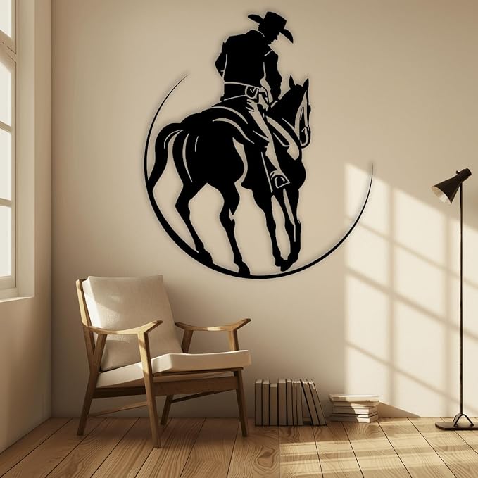 XXQ Metal Wall Art, Rustic Western Cowboy Metal Wall Decor Decorative Iron Sculpture for Bedroom Living Room and Outdoor Spaces (Black, 30" x 30")