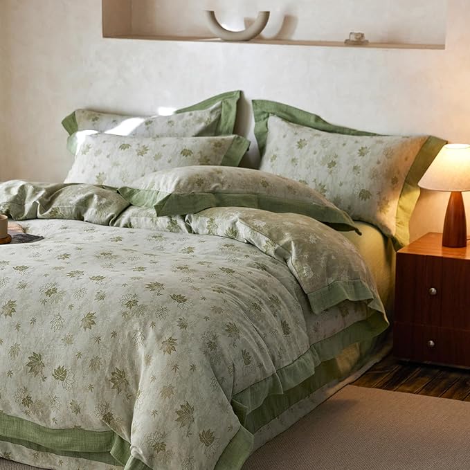 mixinni Yarn-Dyed Jacquard Duvet Cover Queen, Green Botanical Leaf Print 3-Piece Bedding Set with Wide Edge Piping, Soft Breathable Double Layer Gauze for All Seasons (1 Duvet Cover + 2 Pillowcases)