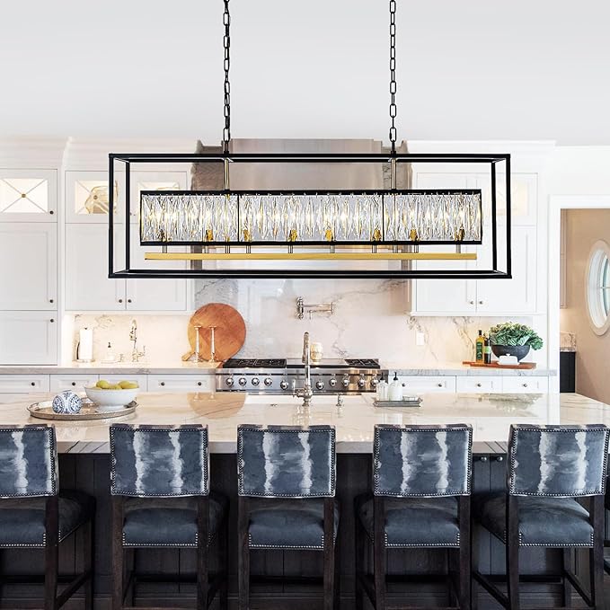 Vezzio Large Chandeliers for Dining Room Modern Black and Gold Channdelier L42 inch Crystal Ceiling Light Fixture Over Table 8 Lights Rectangle Chandelier for Kitchen Island