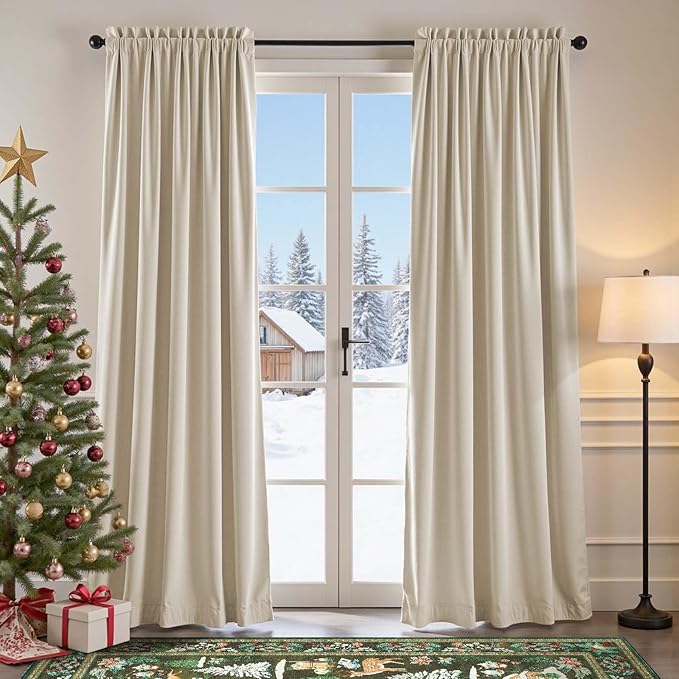 Lazzzy Velvet Blackout Curtains Thermal Insulated Room Window Drapes Super Soft Luxury Curtains for Living Room Bedroom Rod Pocket 2 Panels, Beige, 62" W x 84" L
